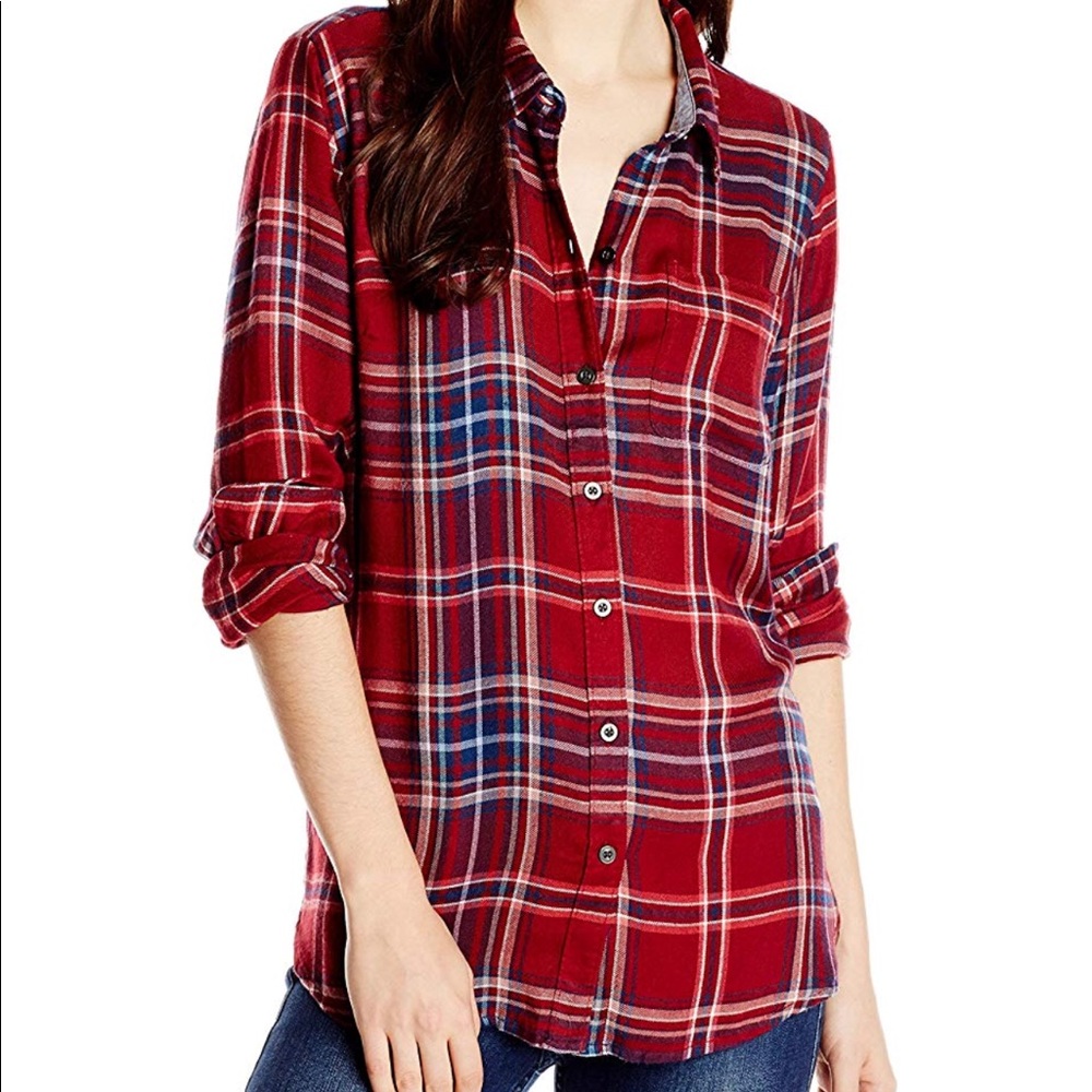 Women's Red Plaid Button-Up Shirt - Picture 3 of 10